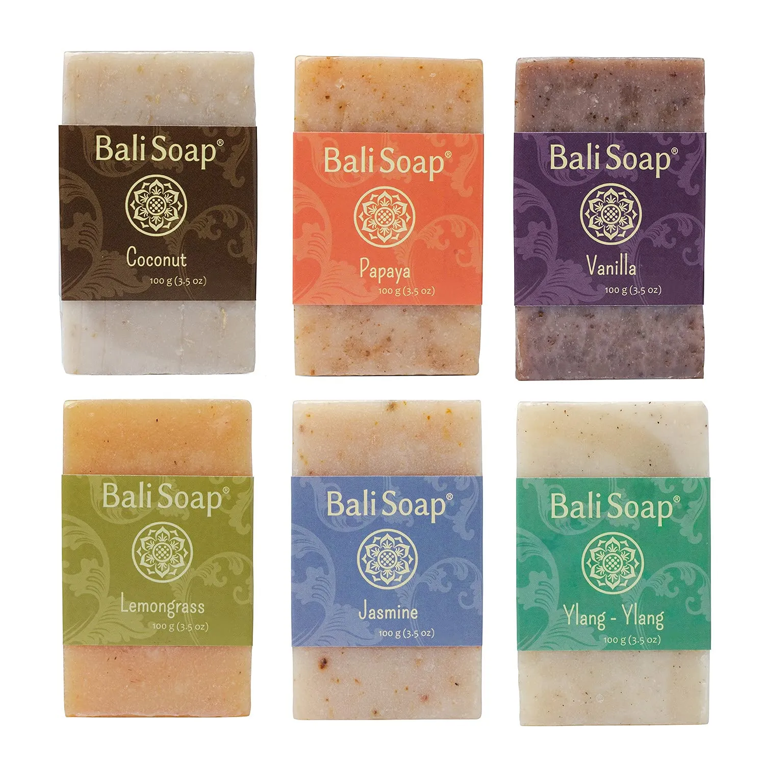 Bali Soap - Green Collection - Natural Bar Gift Set, Face Soap or Body, 6 pc Variety Soap Pack (Coconut, Papaya, Vanilla, Lemongrass, Jasmine, Ylang-Ylang) 3.5 Oz each