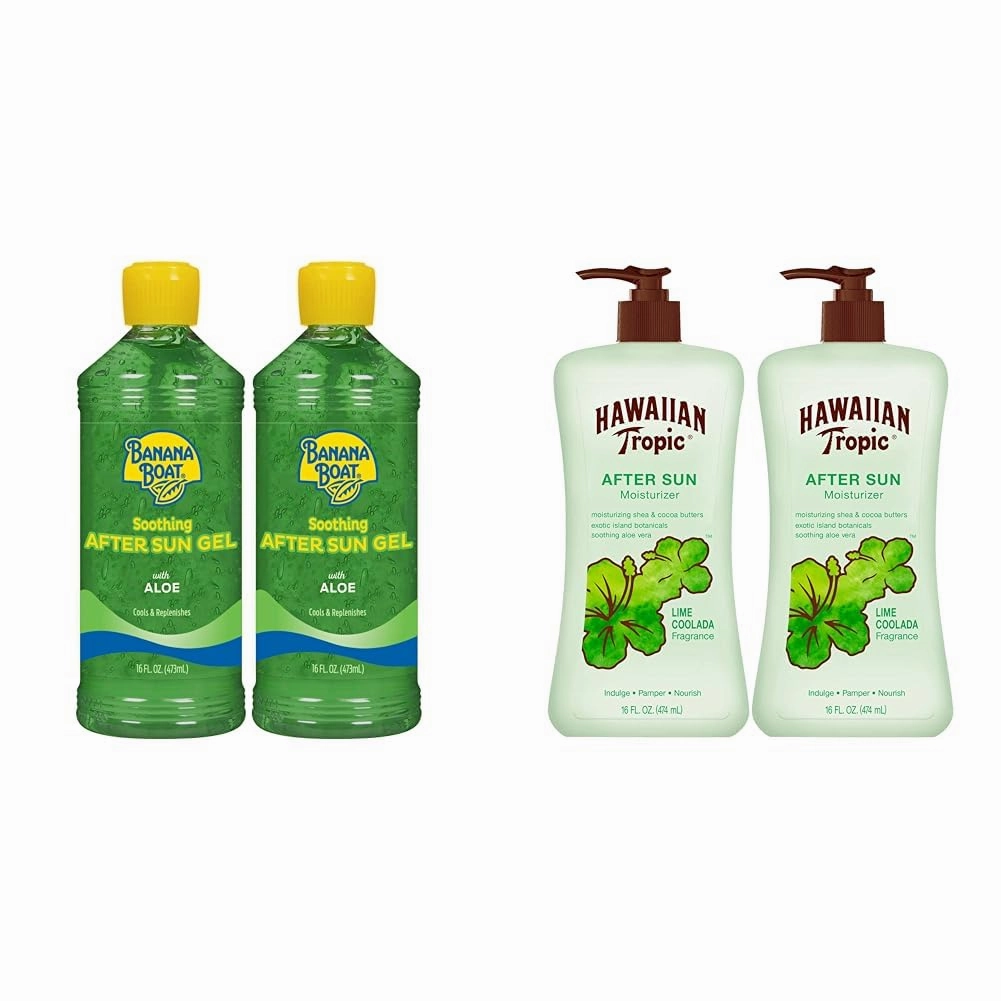 Banana Boat Soothing After Sun Gel with Aloe Twin Pack 16oz each & Hawaiian Tropic Lime Coolada After Sun Lotion Twin Pack 16oz each