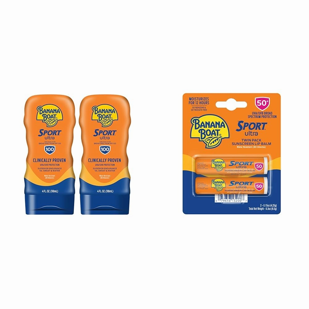Banana Boat Sport Ultra SPF 100 Sunscreen Lotion Twin Pack & SPF 50 Lip Balm 2 Pack