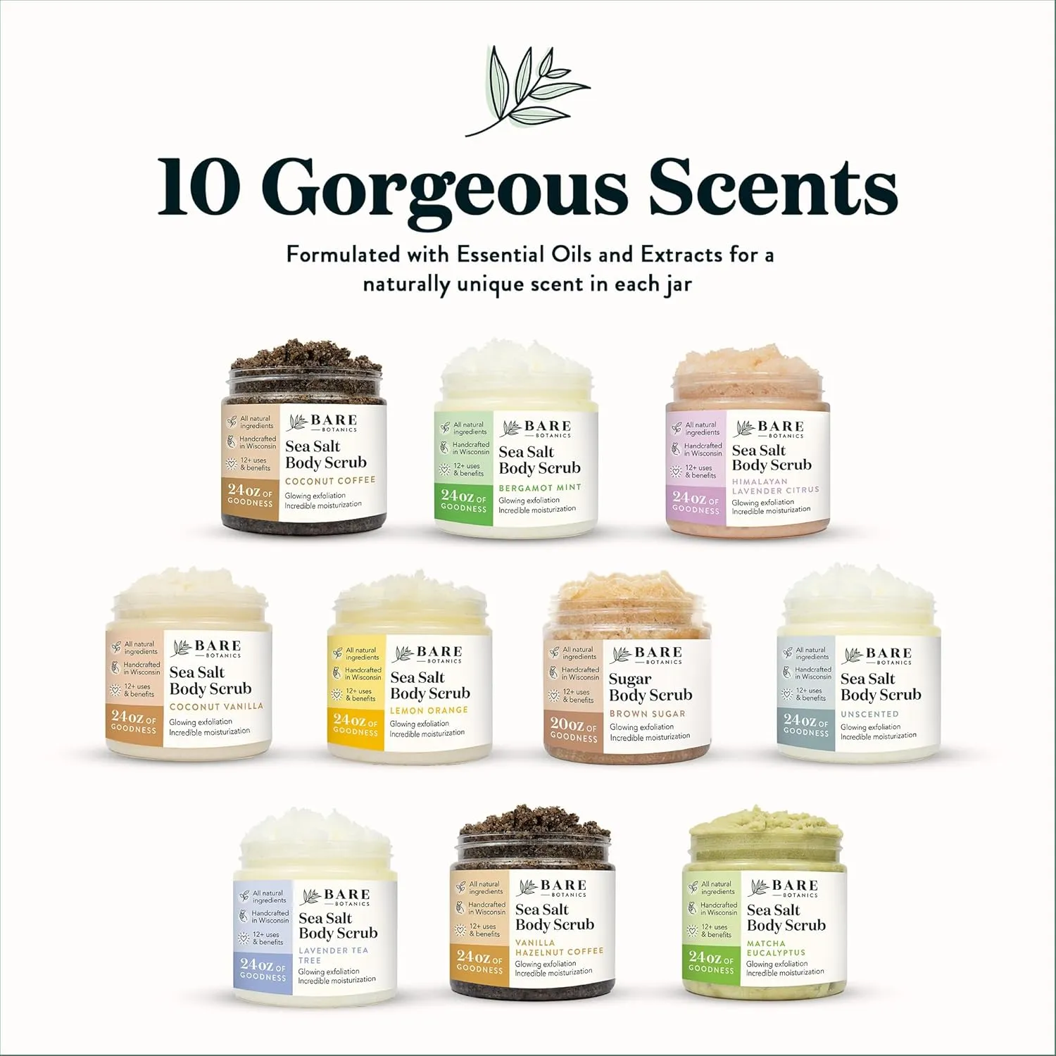 Bare Botanics Unscented Body Scrub 24 oz - Naturally Scented Sea Salt Scrub Made in Madison, WI - Formulated w/Skin Loving Moisturizers - Vegan, Cruelty Free Exfoliator w/a Cute Wooden Spoon
