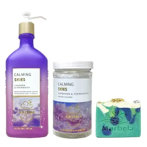 Bath & Body Works Aroma Claming Skies Lavender Peppermint Body Lotion Bundle and Shower Steamers Duo Set with an Aloe Vera Bar Soap - Full Size