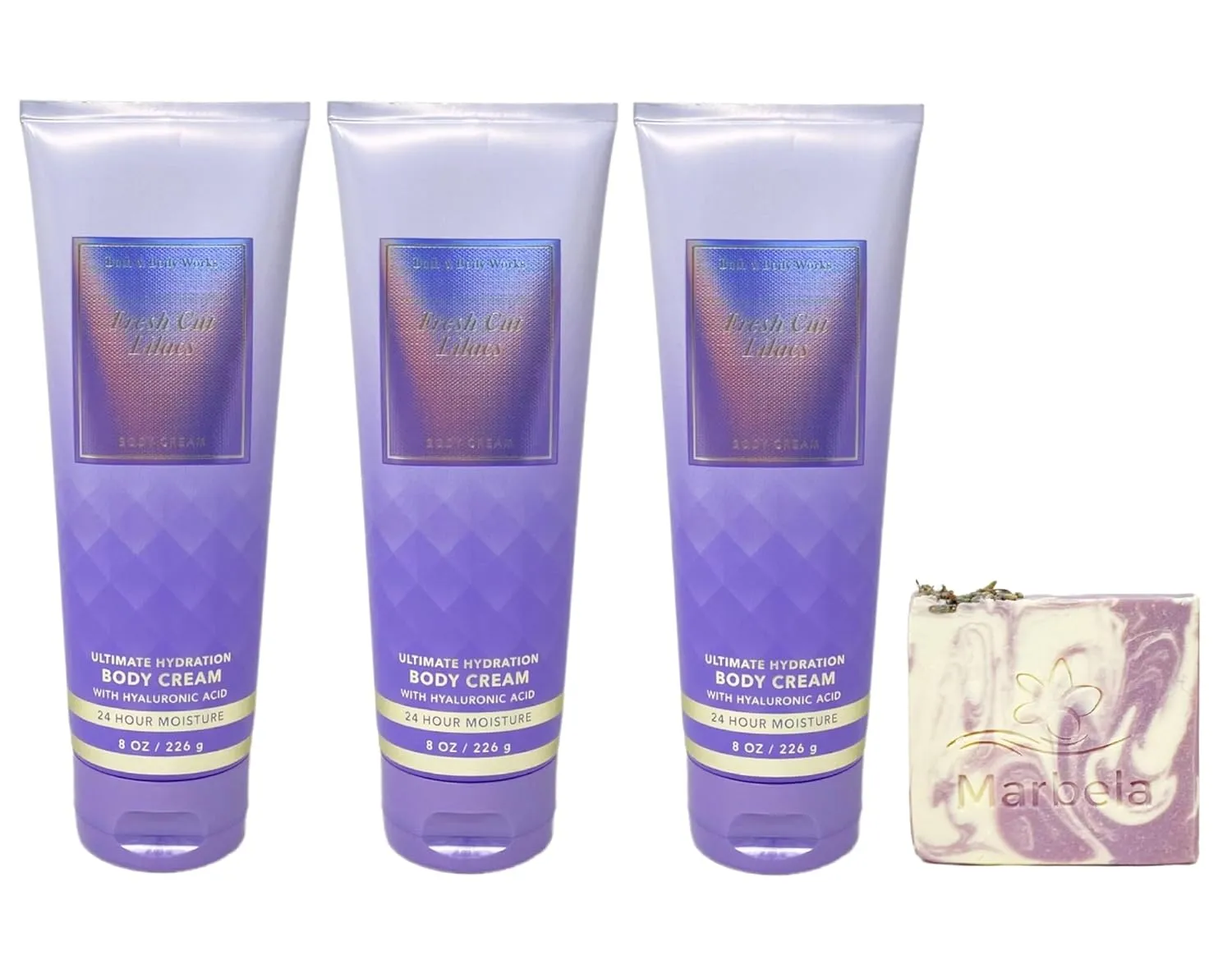 Bath & Body Works Fresh Cut Lilacs 3 Pack Body Cream Bundle with a Lavender Dream Bar Soap