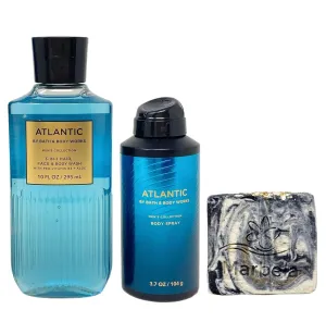 Bath & Body Works Men's Collection Atlantic Body Wash and Body Spray Duo Set with a Charcoal Scrub Bar Soap - Full Size