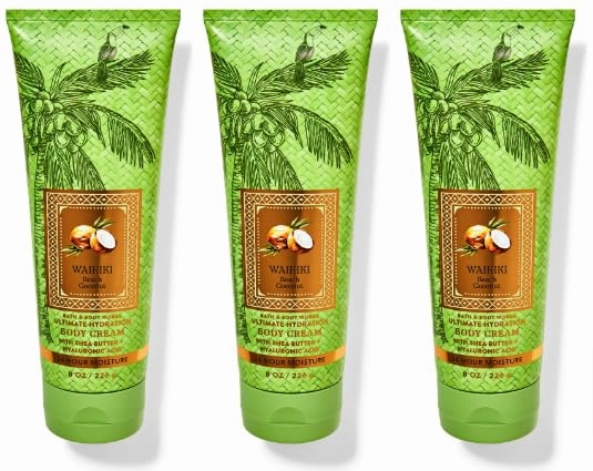 Bath & Body [3 Pack] BODY CREAM 24 Hour Moisture 8 oz / 226 g (Packaging may vary) (Full Size, WAIKIKI BEACH COCONUT)