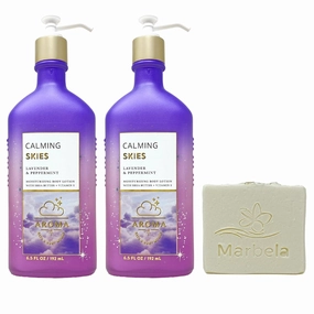 Bath & Body Works Aroma Calming Skies Lavender Peppermint 2 Pack Body Lotion Value Pack with a Natural Oats Bar Soap - Full Size