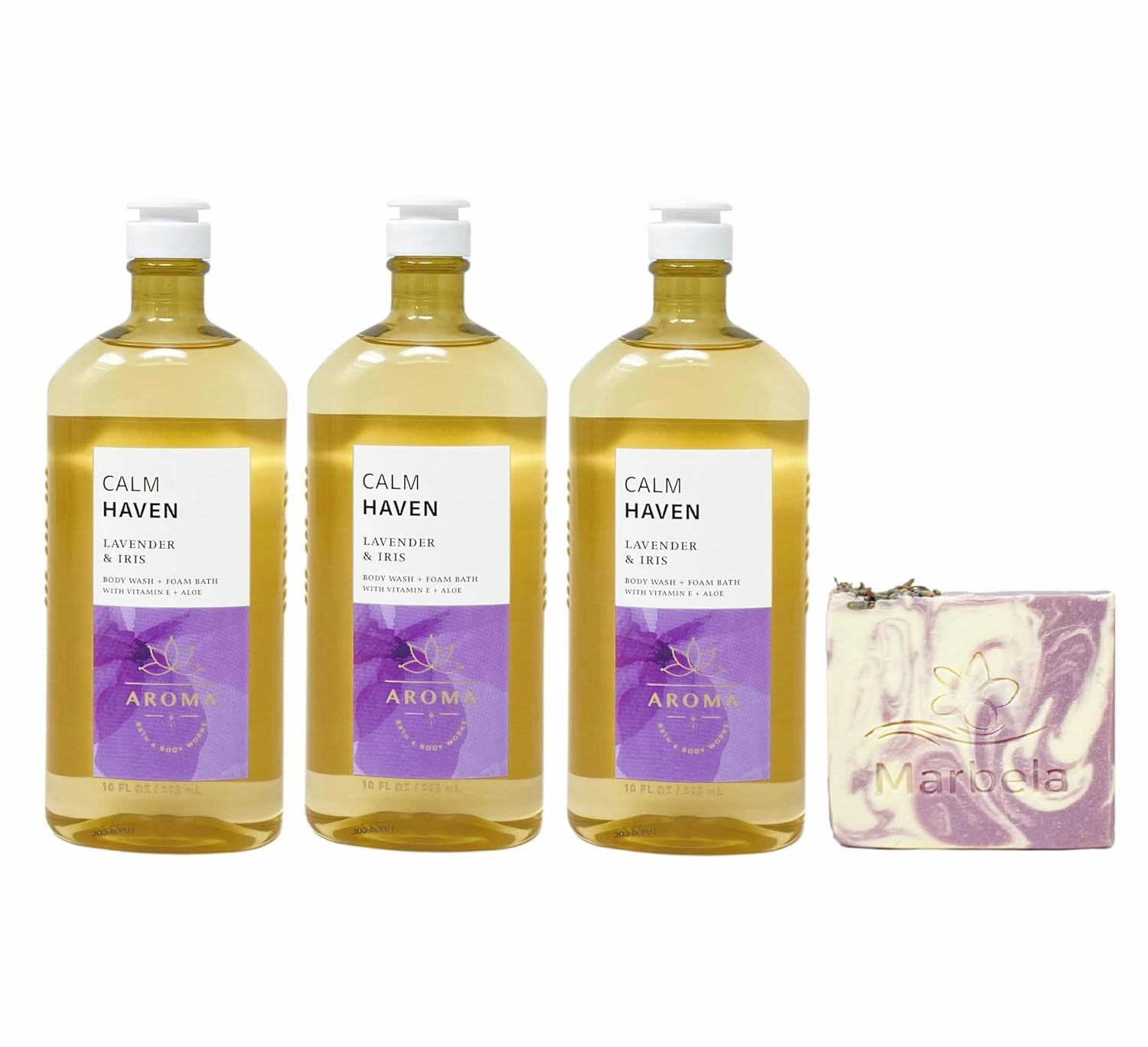Bath & Body Works Calm Haven LAVENDER & IRIS 3 Pack Body Wash   Foam Bath Bundle with a Lavender Dream Soap - Full Size
