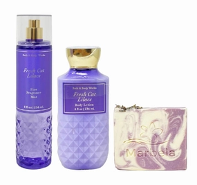 Bath & Body Works Fresh Cut Lilacs Fragrance Mist and Body Lotion Bundle with a Lavender Dream Bar Soap - Full Size