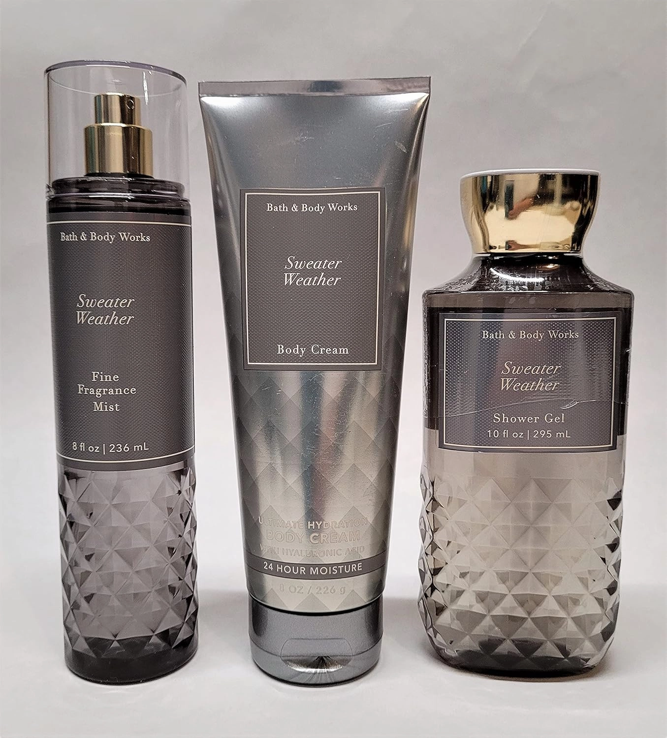Bath & Body Works Sweater Weather 3 pc Bundle - Fine Fragrance Mist, Ultimate Hydration Body Cream and Shower Gel
