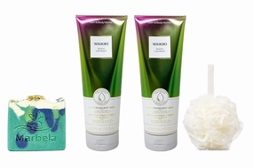 Bath & Body Works Waikiki Beach Coconut 2 Moisturizing Body Wash Set with a Shower Sponge and an Aloe Vera Bar Soap