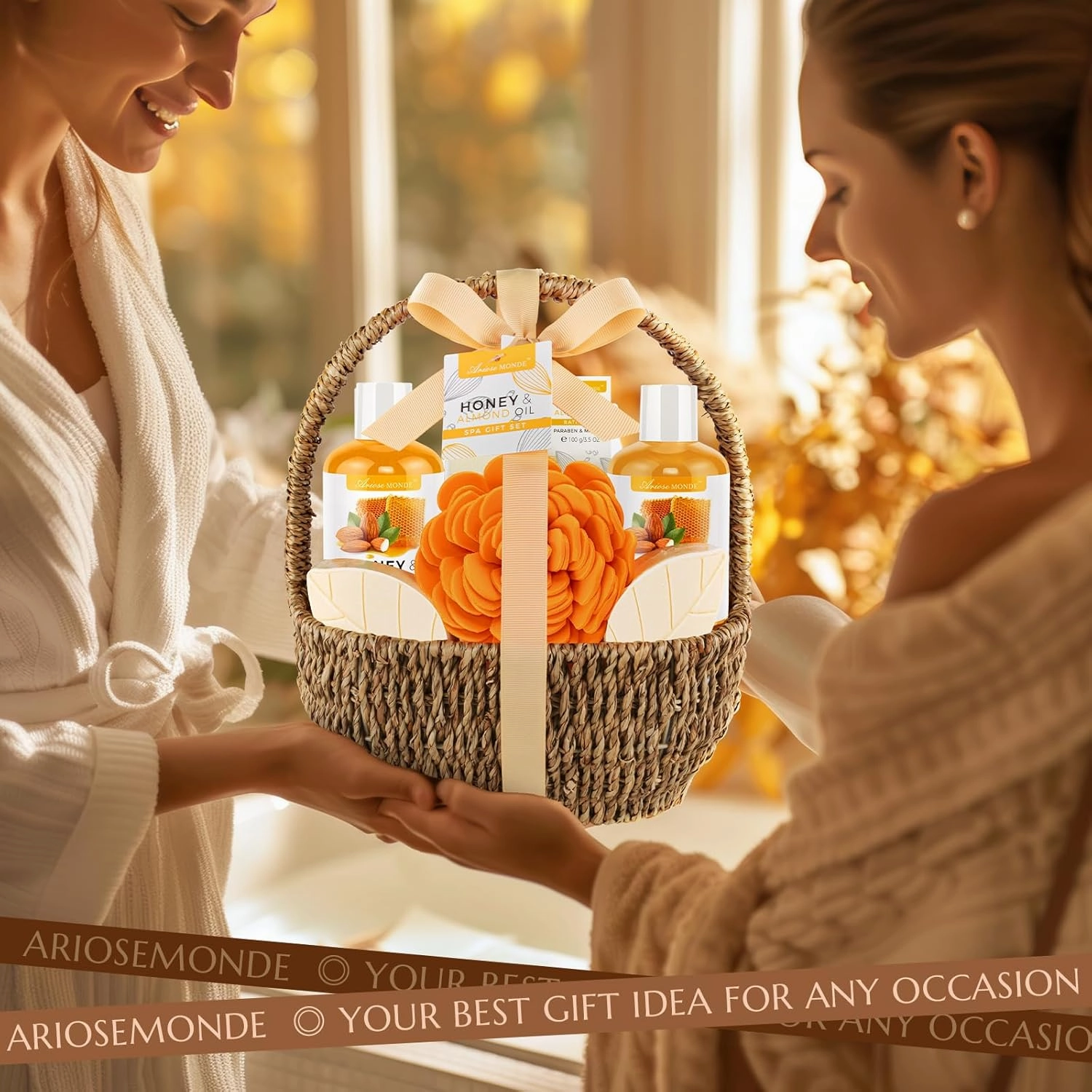 Bath Spa Gift Basket, Bath & Body Gift Set for Women & Men, Includes Shower Gel, Bubble Bath, Bath Salt, Bath Sponge, Spa Gift Box for Mother's Day, Birthday, Wedding, Honey & Almond 8pcs