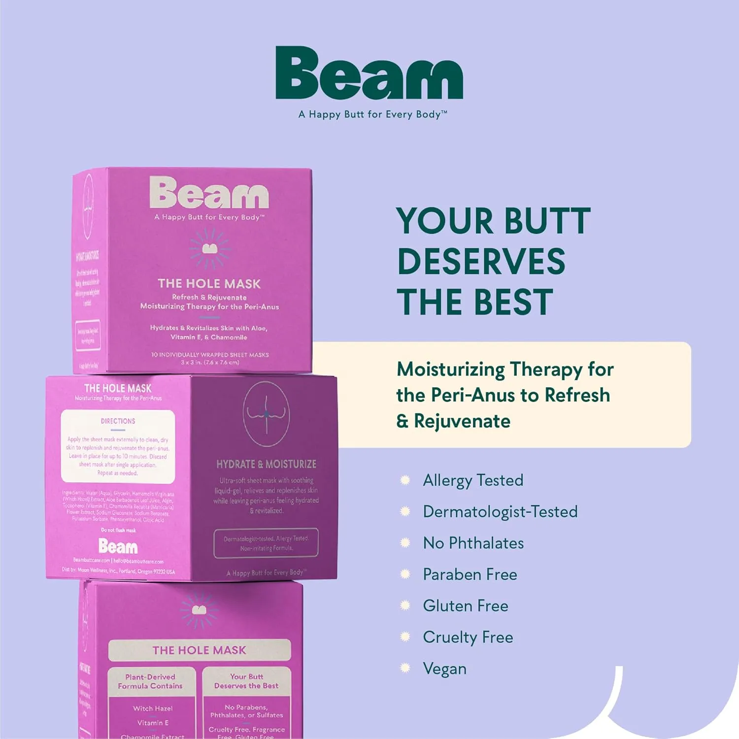 BEAM The Hole Mask, Sheet Mask for Peri-Anal, Hydrating, Revitalizing, Moisturizing, Witch Hazel, Aloe, Vitamin, Chamomile, Prenatal, Post Partum, Post Waxing, IBS, Personal Hygiene, 10 Count