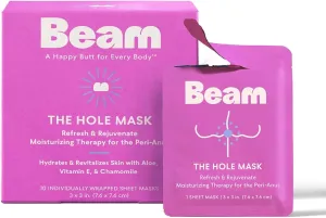 BEAM The Hole Mask, Sheet Mask for Peri-Anal, Hydrating, Revitalizing, Moisturizing, Witch Hazel, Aloe, Vitamin, Chamomile, Prenatal, Post Partum, Post Waxing, IBS, Personal Hygiene, 10 Count