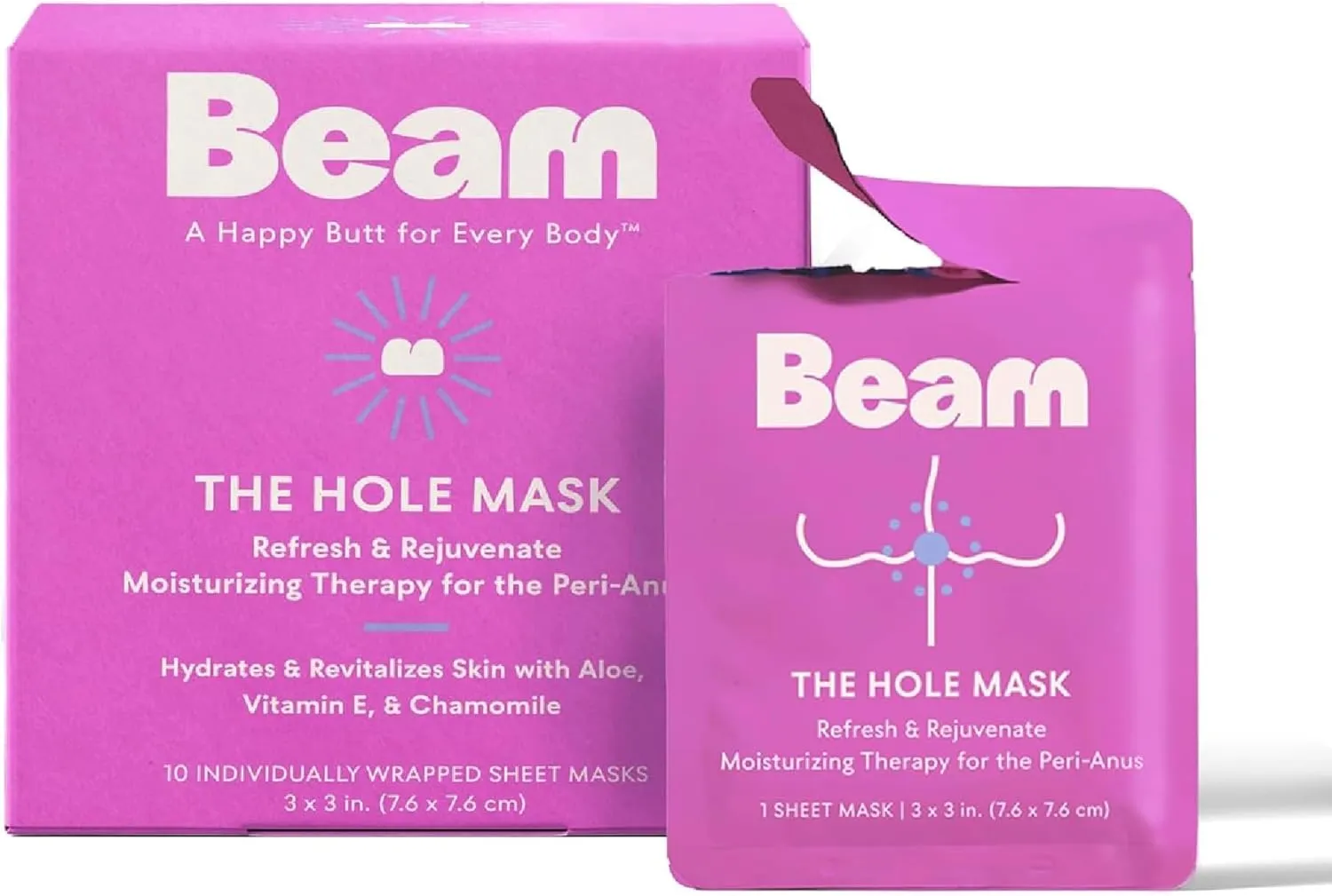 BEAM The Hole Mask, Sheet Mask for Peri-Anal, Hydrating, Revitalizing, Moisturizing, Witch Hazel, Aloe, Vitamin, Chamomile, Prenatal, Post Partum, Post Waxing, IBS, Personal Hygiene, 10 Count
