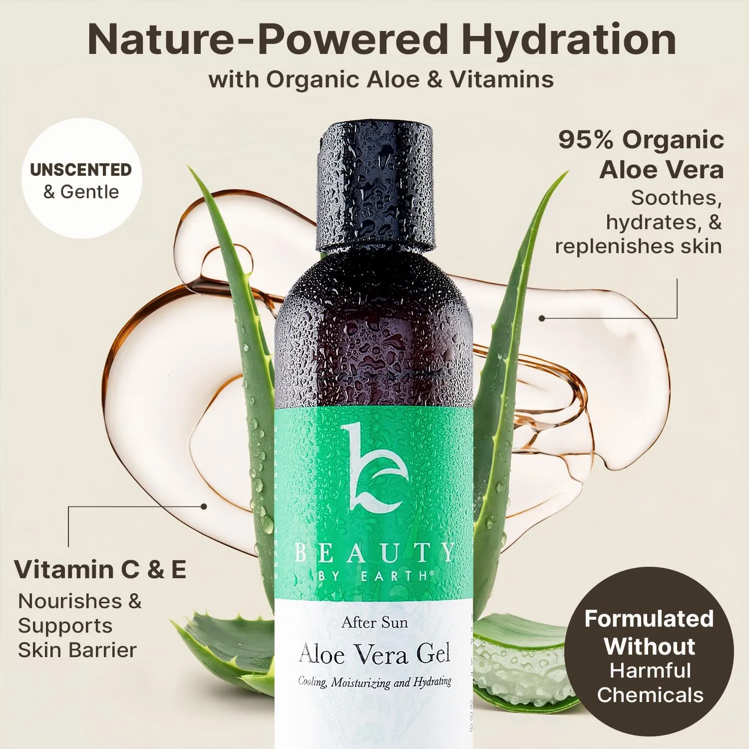 Beauty by Earth Aloe Vera Gel - USA Made with Natural & Organic Ingredients, Pure Aloe Vera Plant Gel for Face Mask, Hair & Skin with Vitamin C & E, Soothing and Cooling for Sunburn & After Sun Care