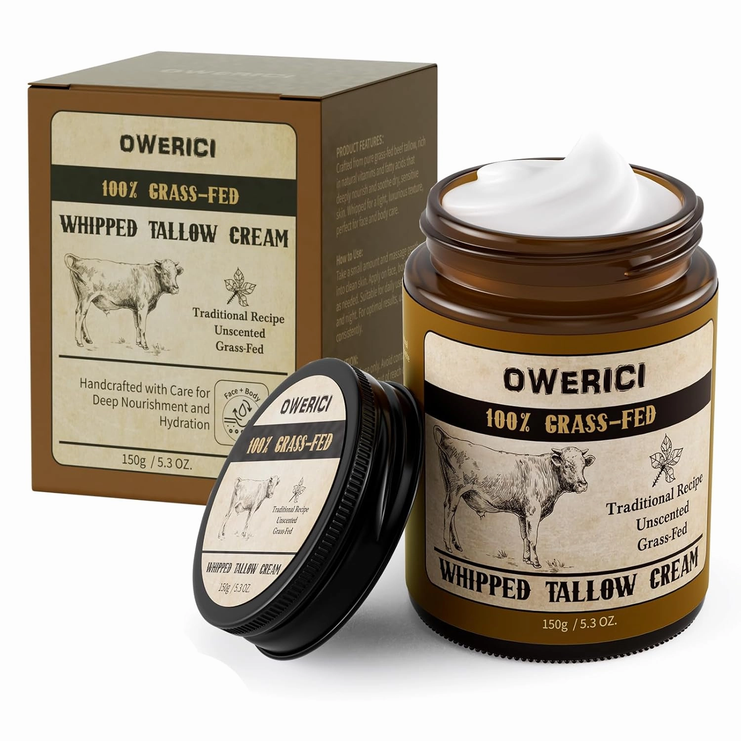 Beef Tallow for Skin, for Skin (5.3 Oz), Tallow Face Moisturizer, 100% Grass Fed and Finished, Deeply Moisturizing for Face & Body, Natural Care for Soft Supple (Brown, Extra Large)