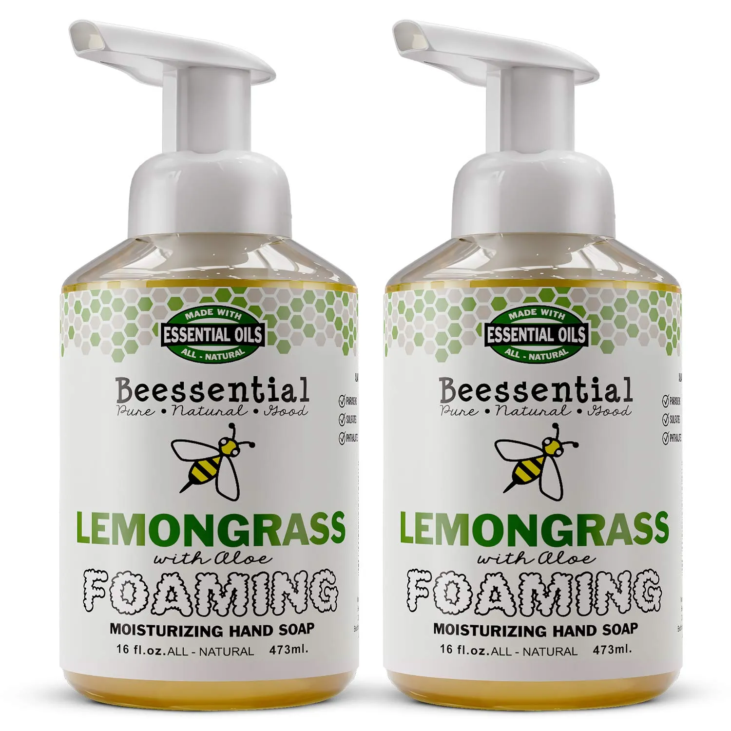 Beessential All Natural Bulk Foaming Hand Soap Refill, 16 oz 2 Pack Lemongrass | Made with Moisturizing Aloe & Honey - Made in the USA