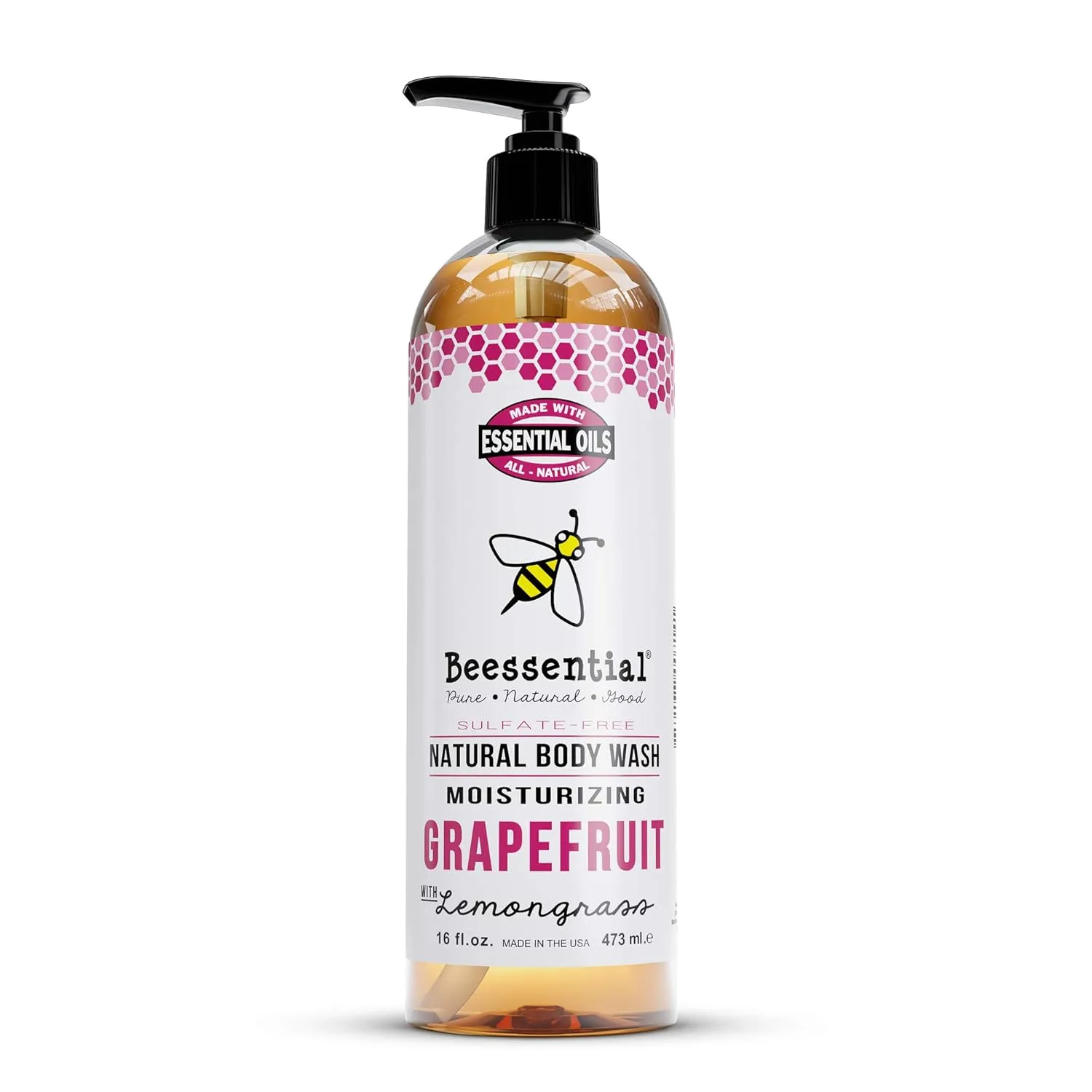 Beessential Natural Body Wash, Grapefruit, Sulfate-Free Bath and Shower Gel with Essential Oils for Men & Women, 16 oz