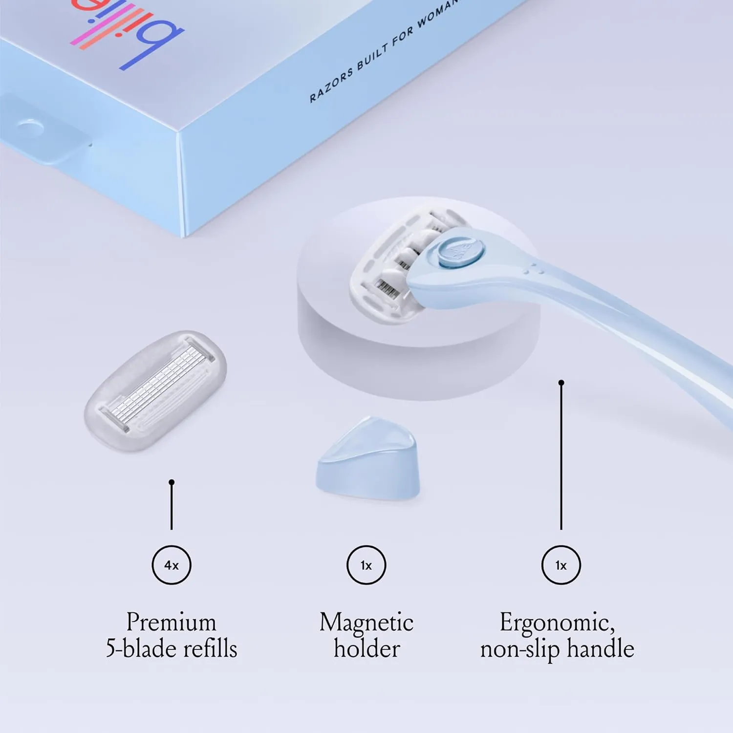 Billie Razors for Women Shave Kit – Women’s Razor   4 x 5-Blade Razor Refills   Magnetic Holder – Cool Blue & Whipped Shave Cream - Lavender & Bergamot Scent - 6.5 fl oz