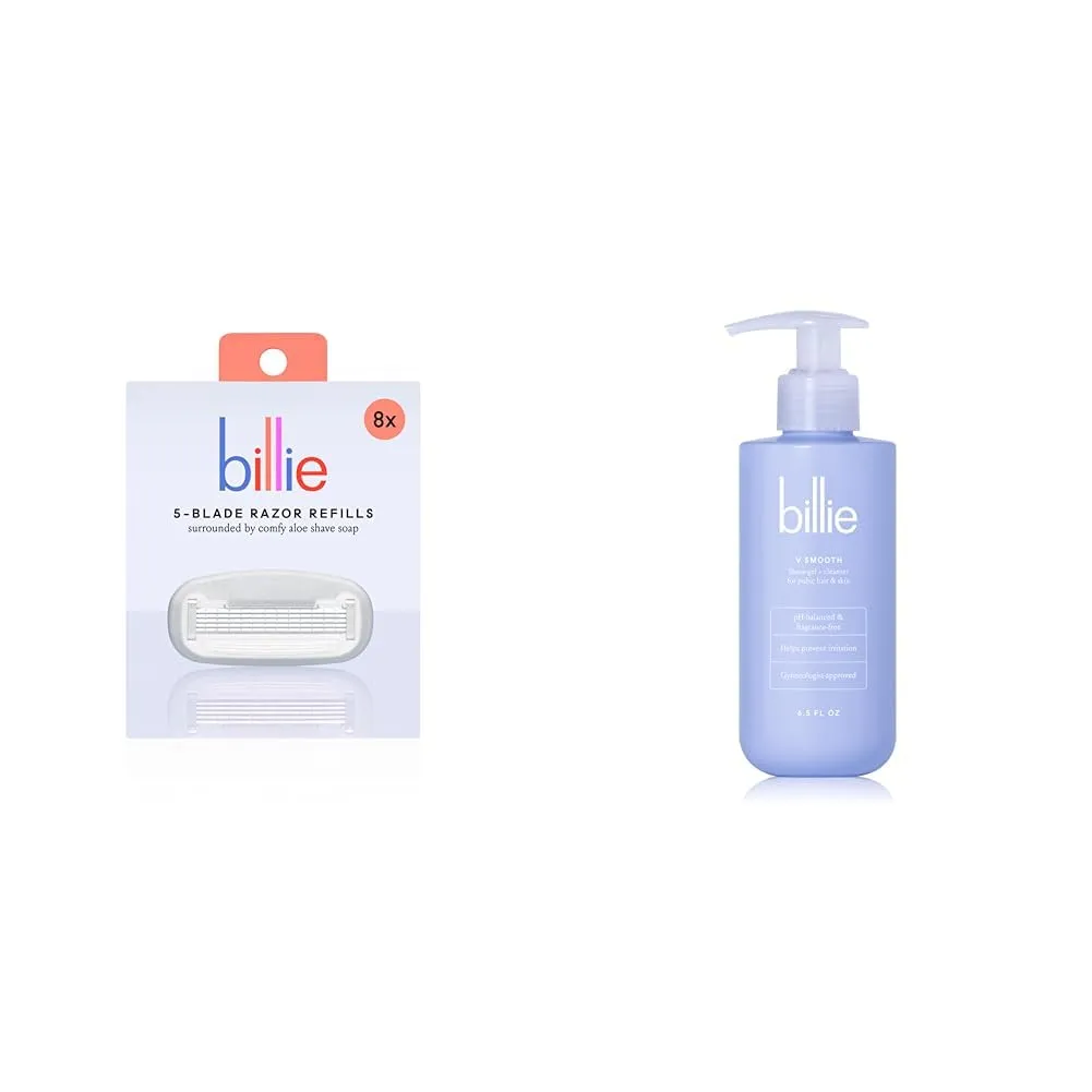 Billie Women’s Razor Refill Blades 5-Blade Cartridges - 8 count & V Smooth - Shave Gel   Cleanser for Pubic Hair & Skin - pH-Balanced - Fragrance-Free