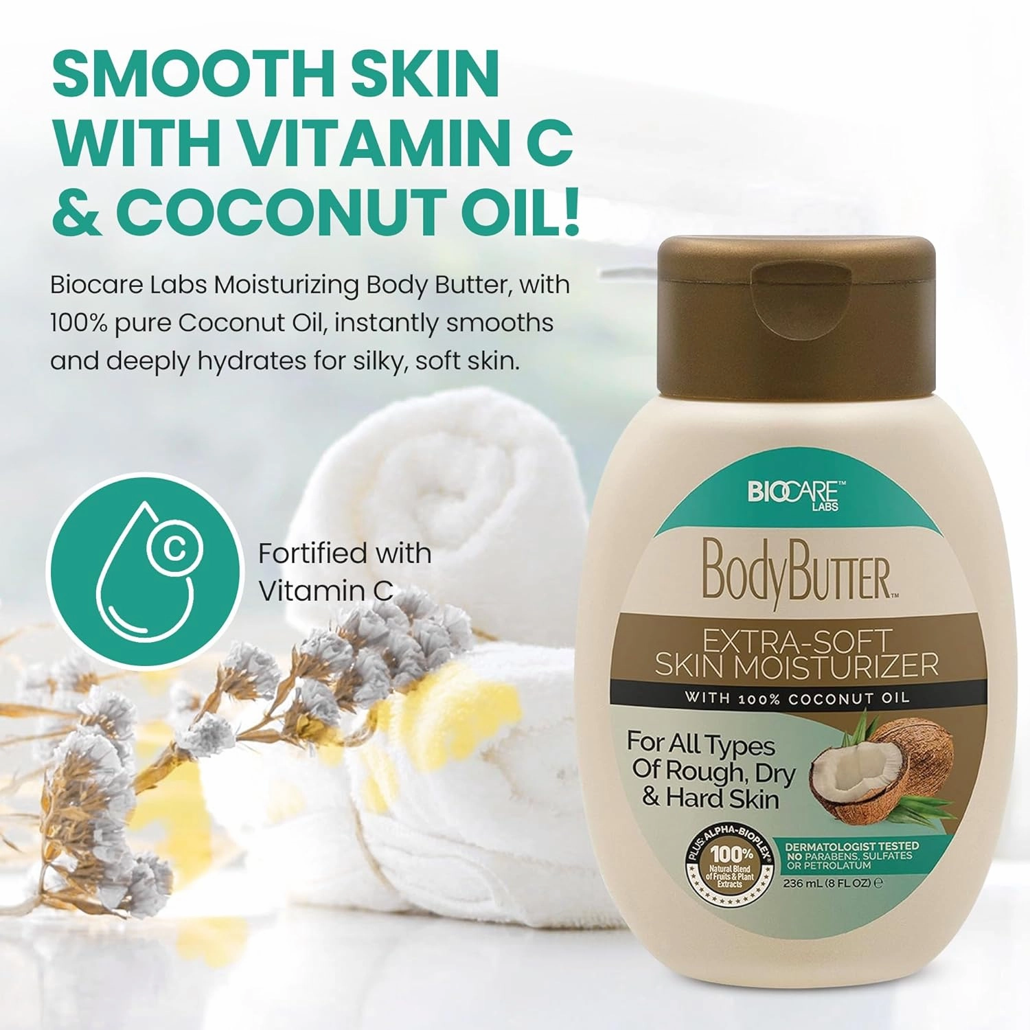 Biocare Labs Moisturizing Body Butter - Body Cream With 100% Coconut Oil - Instantly Penetrates and Deeply Renews Skin - Lotion Designed For Softer Healthier Skin