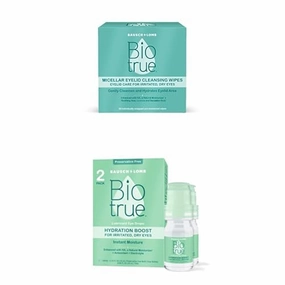 Biotrue Micellar Eyelid Cleansing Wipes for Irritated and Dry Eyes Pack of 30   Biotrue Hydration Boost Eye Drops, Preservative Free, Soft Contact Lens Friendly 0.33 FL OZ (10 mL) 2 Count