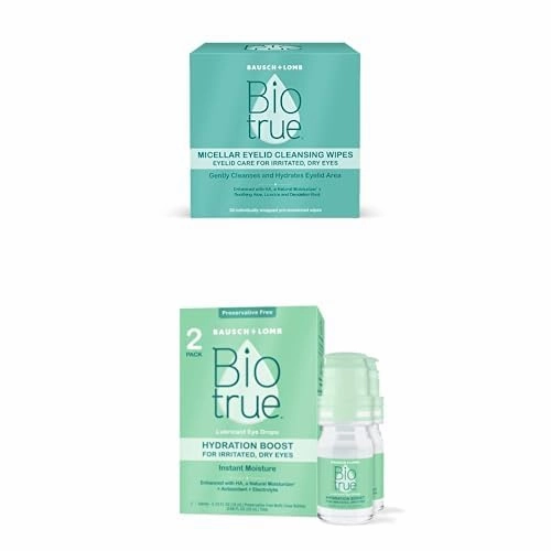 Biotrue Micellar Eyelid Cleansing Wipes for Irritated and Dry Eyes Pack of 30   Biotrue Hydration Boost Eye Drops, Preservative Free, Soft Contact Lens Friendly 0.33 FL OZ (10 mL) 2 Count