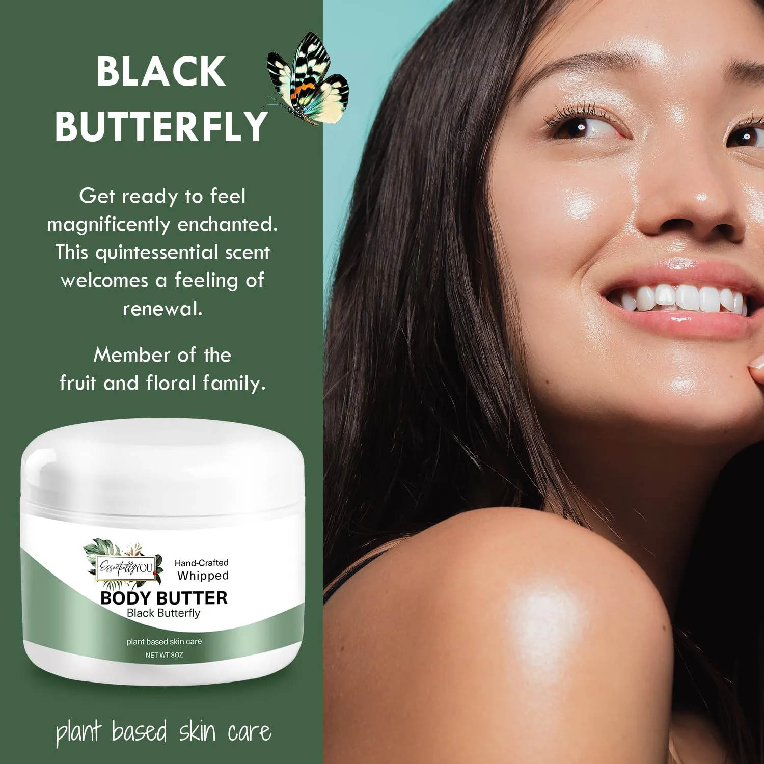 Black Butterfly: Strawberry,Green Apple, Apricot, Jasmine,Vanilla, Whipped Body Butter| Nourishing Mango Butter, Grapeseed Oil, Rosehip Oil, Vitamin E |Moisturizer for Body, Feet & Hands 8oz.