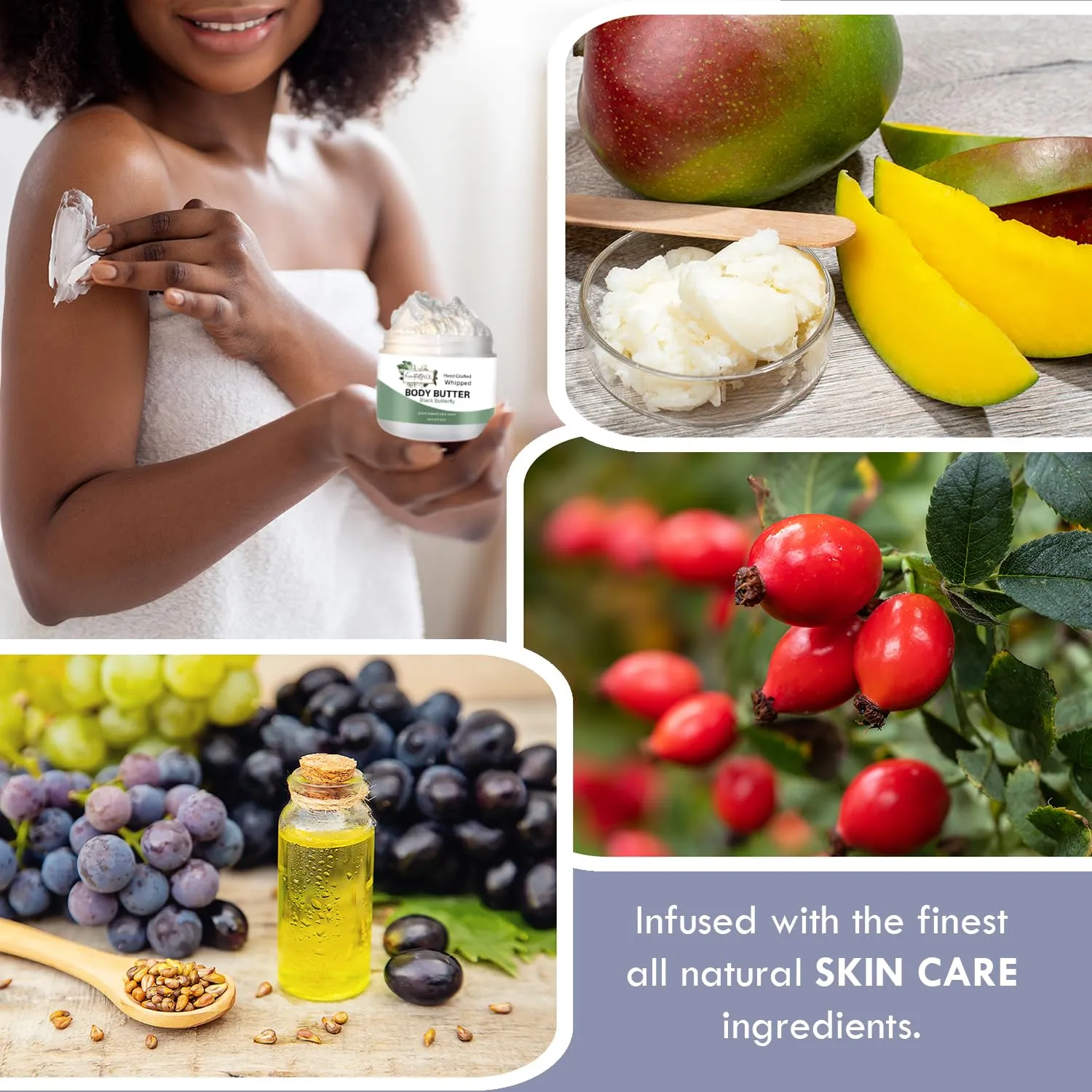 Black Butterfly: Strawberry,Green Apple, Apricot, Jasmine,Vanilla, Whipped Body Butter| Nourishing Mango Butter, Grapeseed Oil, Rosehip Oil, Vitamin E |Moisturizer for Body, Feet & Hands 8oz.