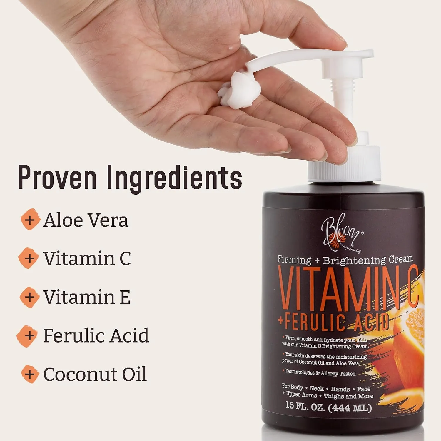 BLOOM IT'S A GREAT SKIN DAY! Vitamin C Cream Body Lotion & Face Moisturizer with Coconut Oil | Natural Skin Care Firming & Brightening Cream For Women, For Body, Uneven Skin Tone, Dry Skin, 15 Oz