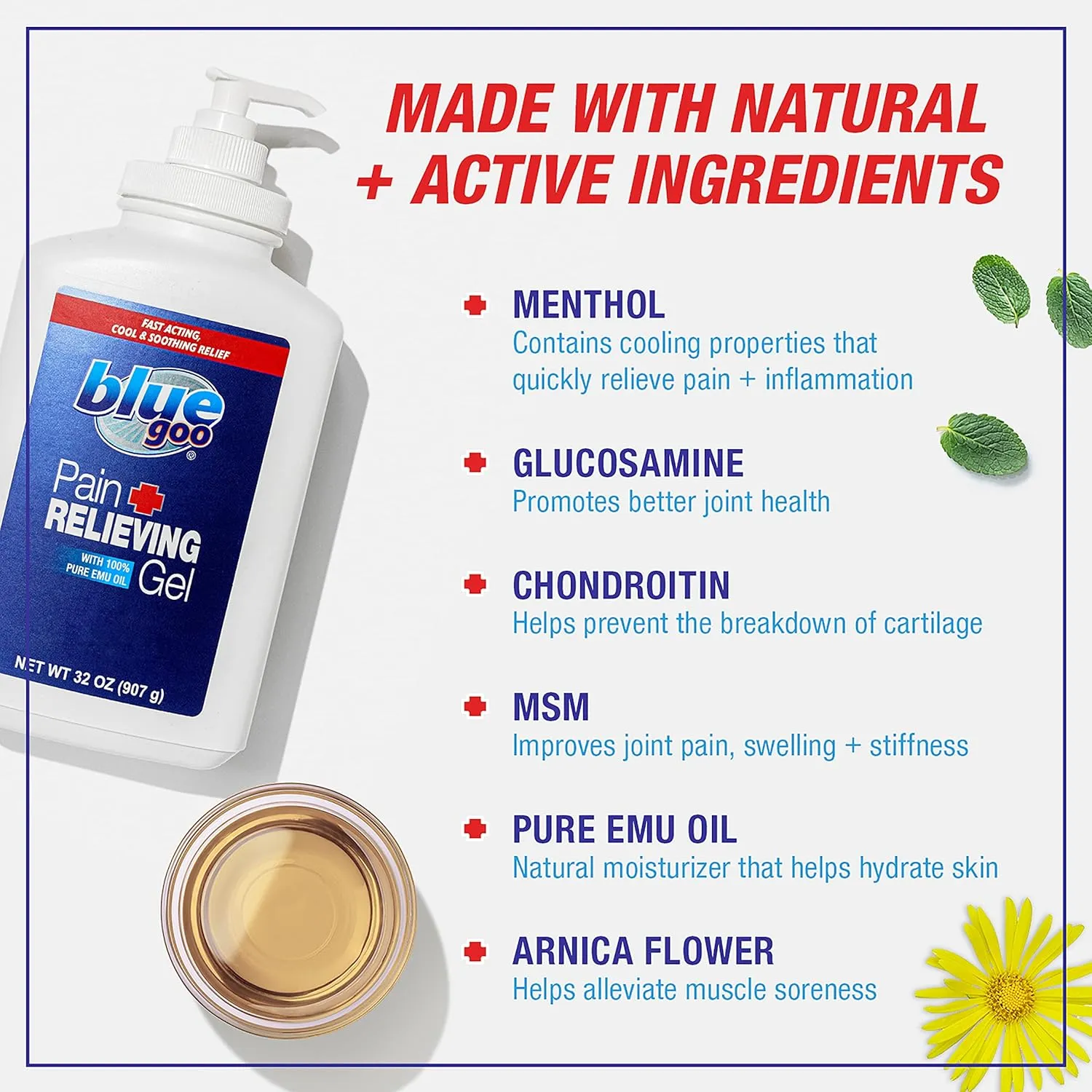 Blue Goo Pain Relieving Gel – FSA & HSA Eligible, for Back/Neck, Muscle/Stiff Joints Pain, Sprains, Strains, Fast-Acting, Cooling Soothing Relief, Made w/ 100% Pure Emu Oil, 32 oz (2 Pack)