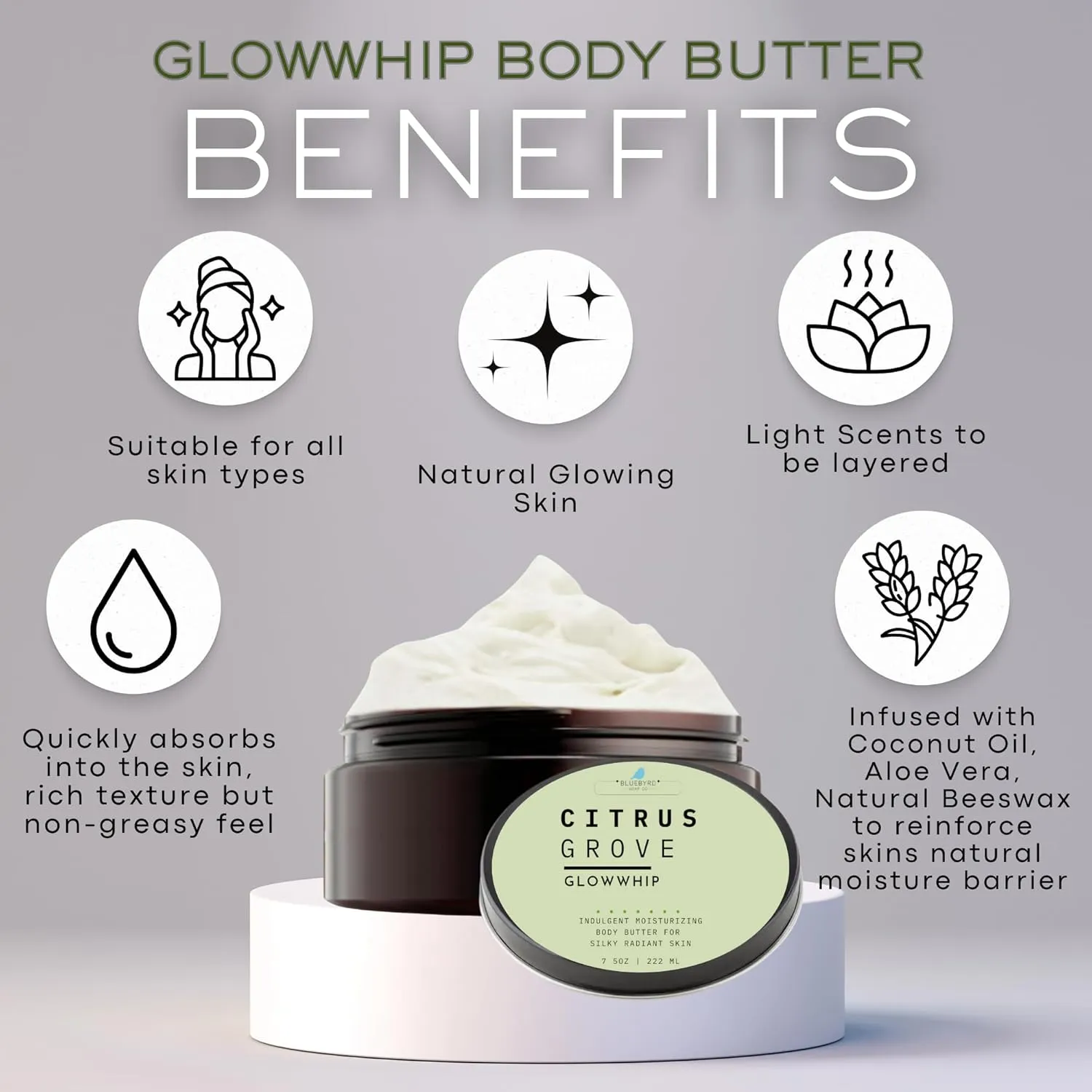 Bluebyrd Soap Co. Lavender Vanilla Body Butter Cream | Whipped Lotion for Sensitive Dry Skin, Hands, Body & Feet | Coconut Oil, Aloe, Vitamin E (LAVENDER)