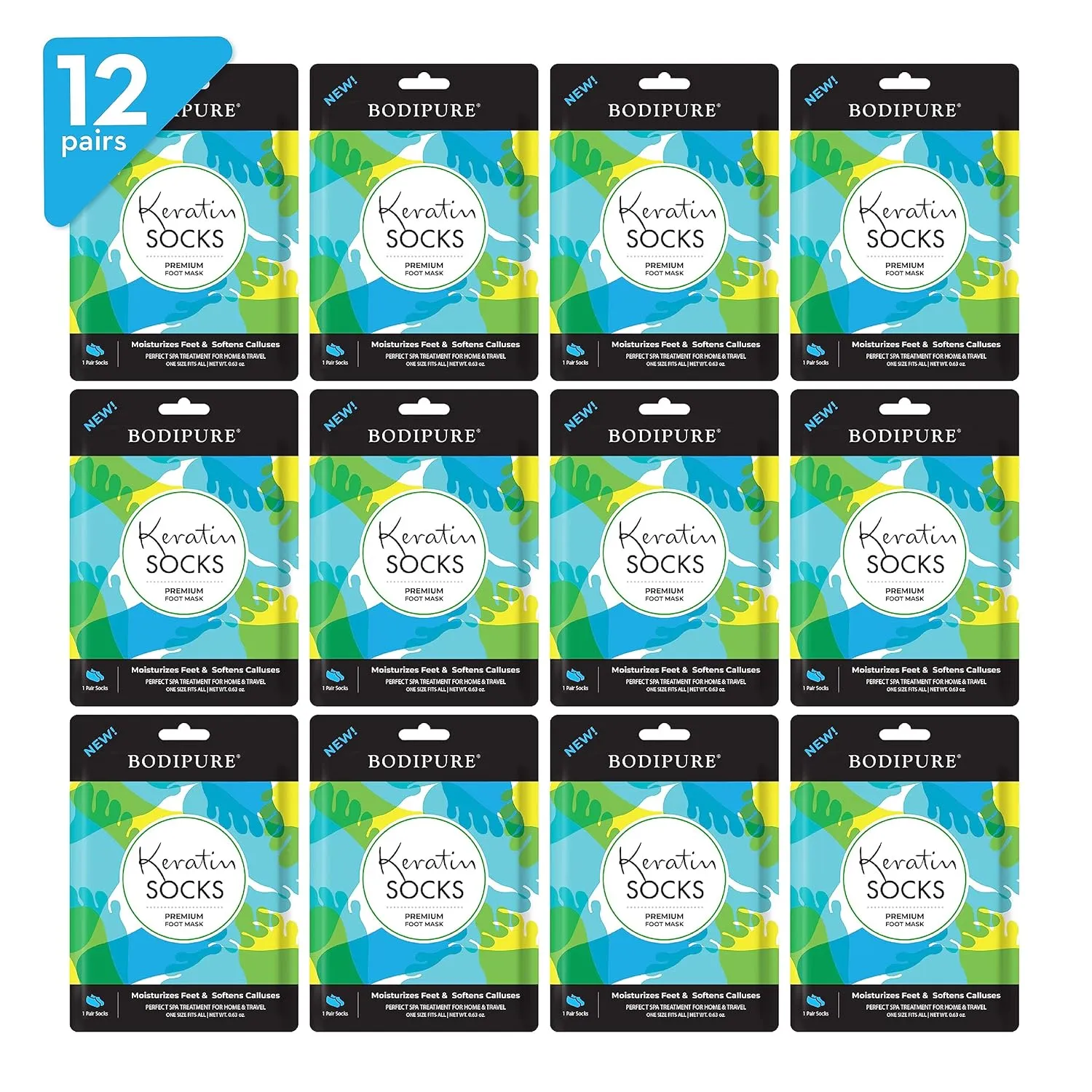Bodipure Premium Foot Mask Keratin Socks | at Home Spa Moisturizer Socks for Dry Cracked Feet, Callus & Heel Softening | Easy-to-Use Pedicure Foot Repair | Chemical-Free Feet Treatment | 12 Pairs