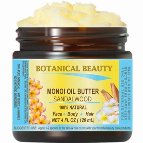 Botanical Beauty MONOI OIL BUTTER SANDALWOOD Pure Natural Virgin Unrefined RAW 4 Fl. Oz.- 120 ml for FACE, SKIN, BODY, DAMAGED HAIR, NAILS