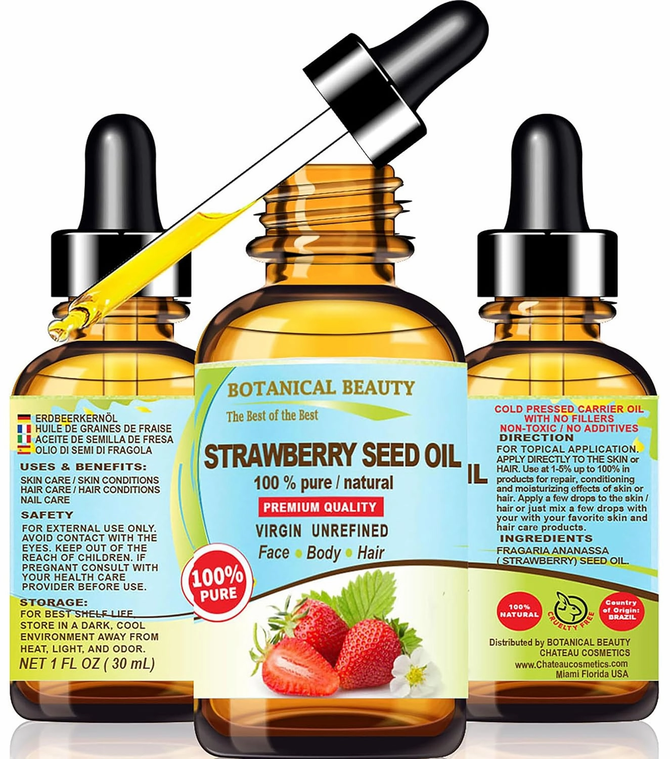 Botanical Beauty STRAWBERRY SEED OIL. 100% Pure Natural Virgin Unrefined Cold Pressed Carrier Oil 1 Fl Oz- 30 ml. for FACE, SKIN, BODY, DAMAGED HAIR, NAILS. Rich in Omega-3, Vitamin C, Vitamin E