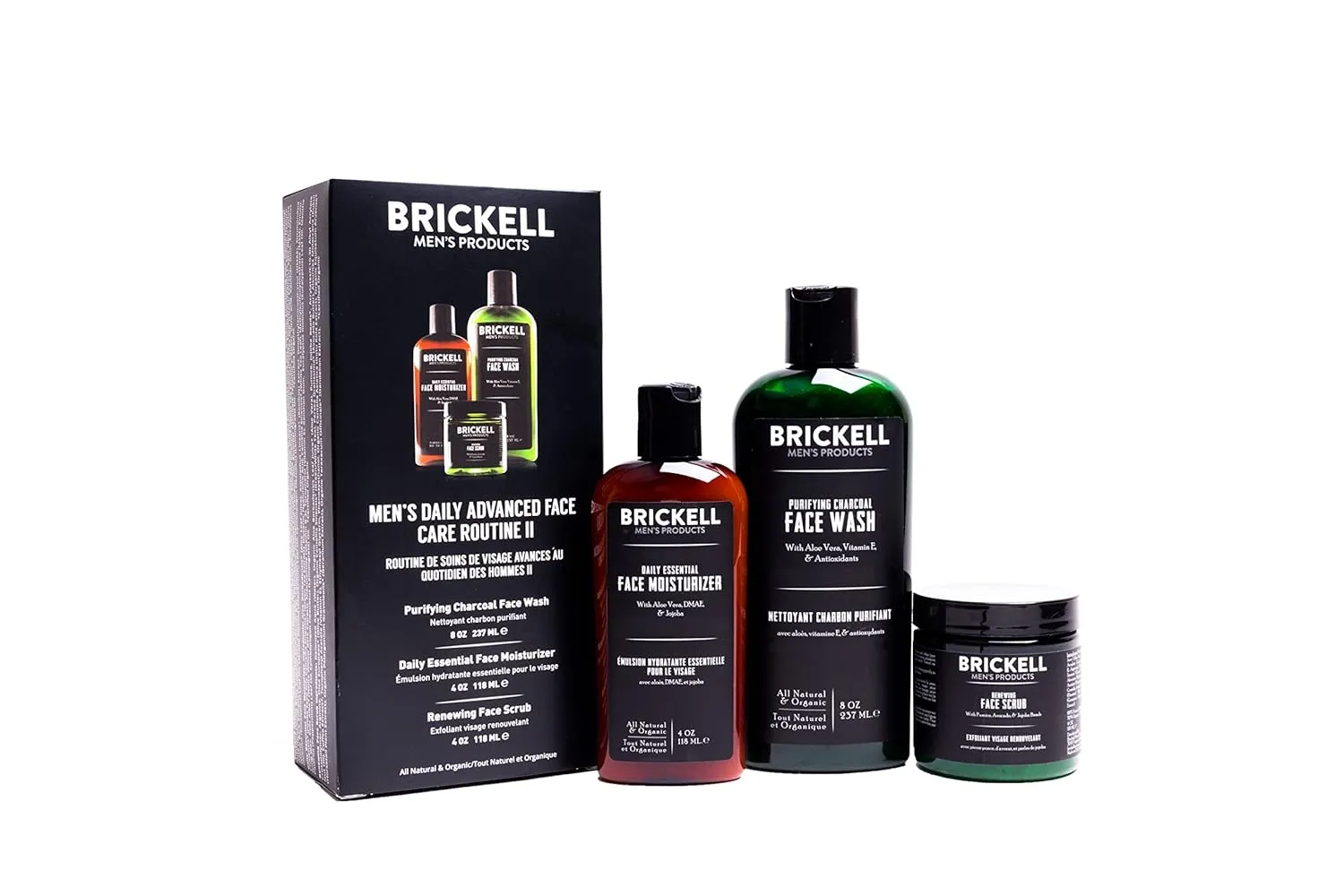 Brickell Men's Daily Advanced Face Care Routine II, Activated Charcoal Facial Cleanser, Facial Scrub, Face Moisturizer Lotion, Natural and Organic, Scented