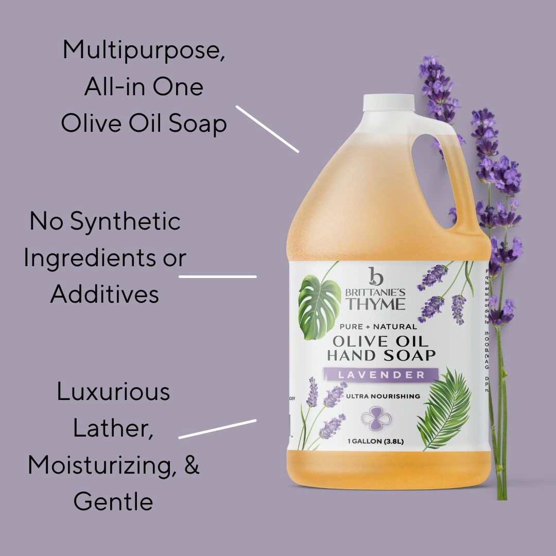 Brittanie's Pure Organic Castile Liquid Olive Oil Soap Refill, Lavender, 1 Gallon | Face, Body Wash, Dishes, Pets & Laundry | Vegan & Gluten Free Non-GMO