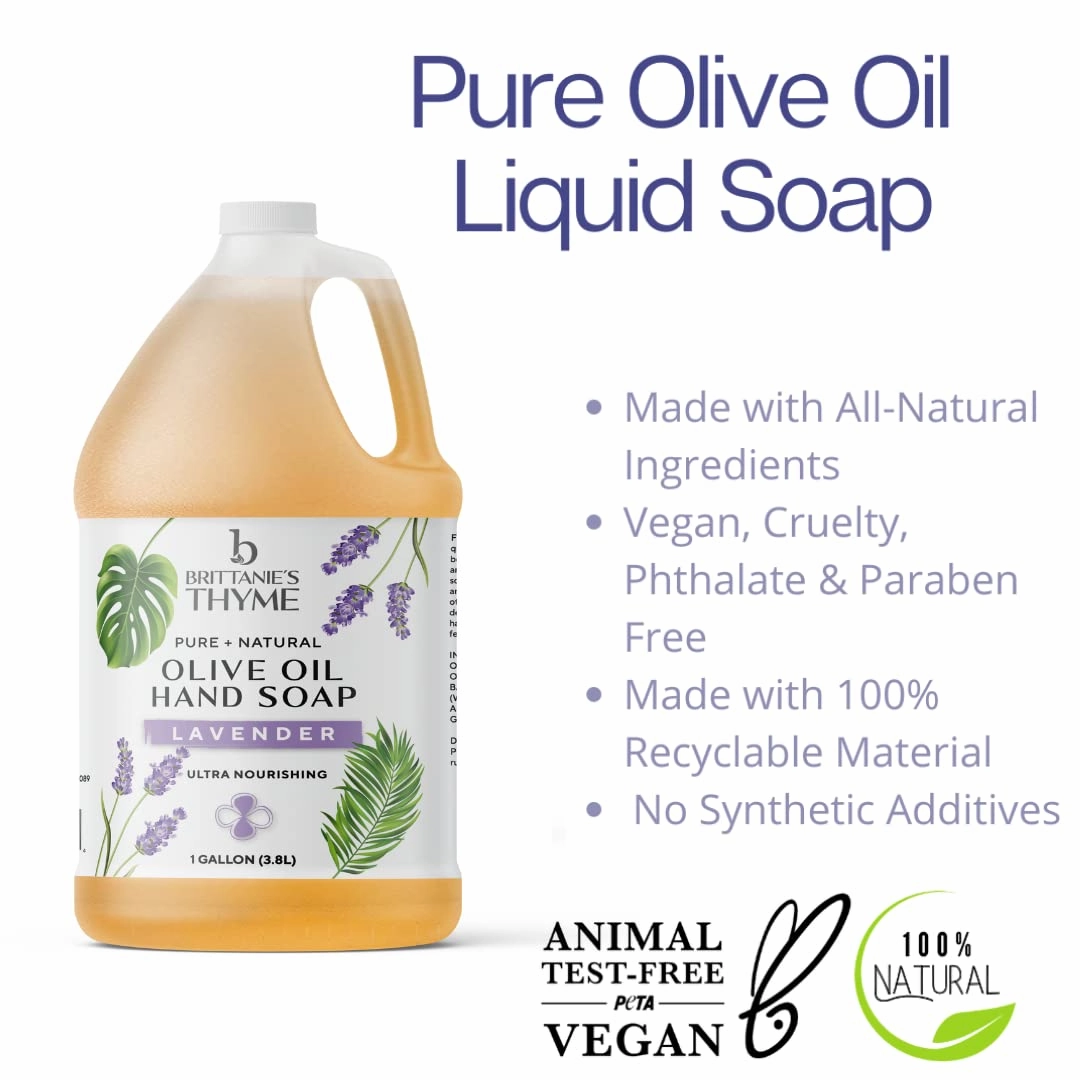 Brittanie's Pure Organic Castile Liquid Olive Oil Soap Refill, Lavender, 1 Gallon | Face, Body Wash, Dishes, Pets & Laundry | Vegan & Gluten Free Non-GMO