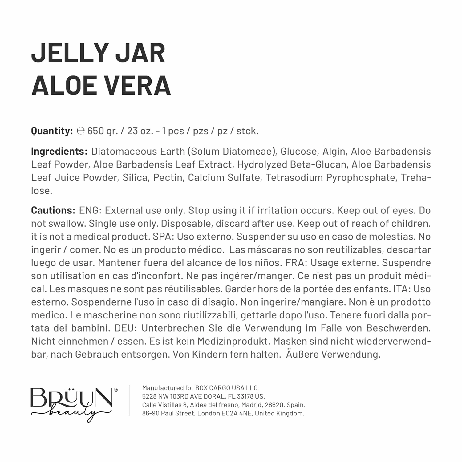 BRÜUN Jelly Mask Jar Aloe Vera Peel-Off Face Care Rubber Mask | 23 fl oz Skin Care Moisturizing Gel Mask Jar Spa Set
