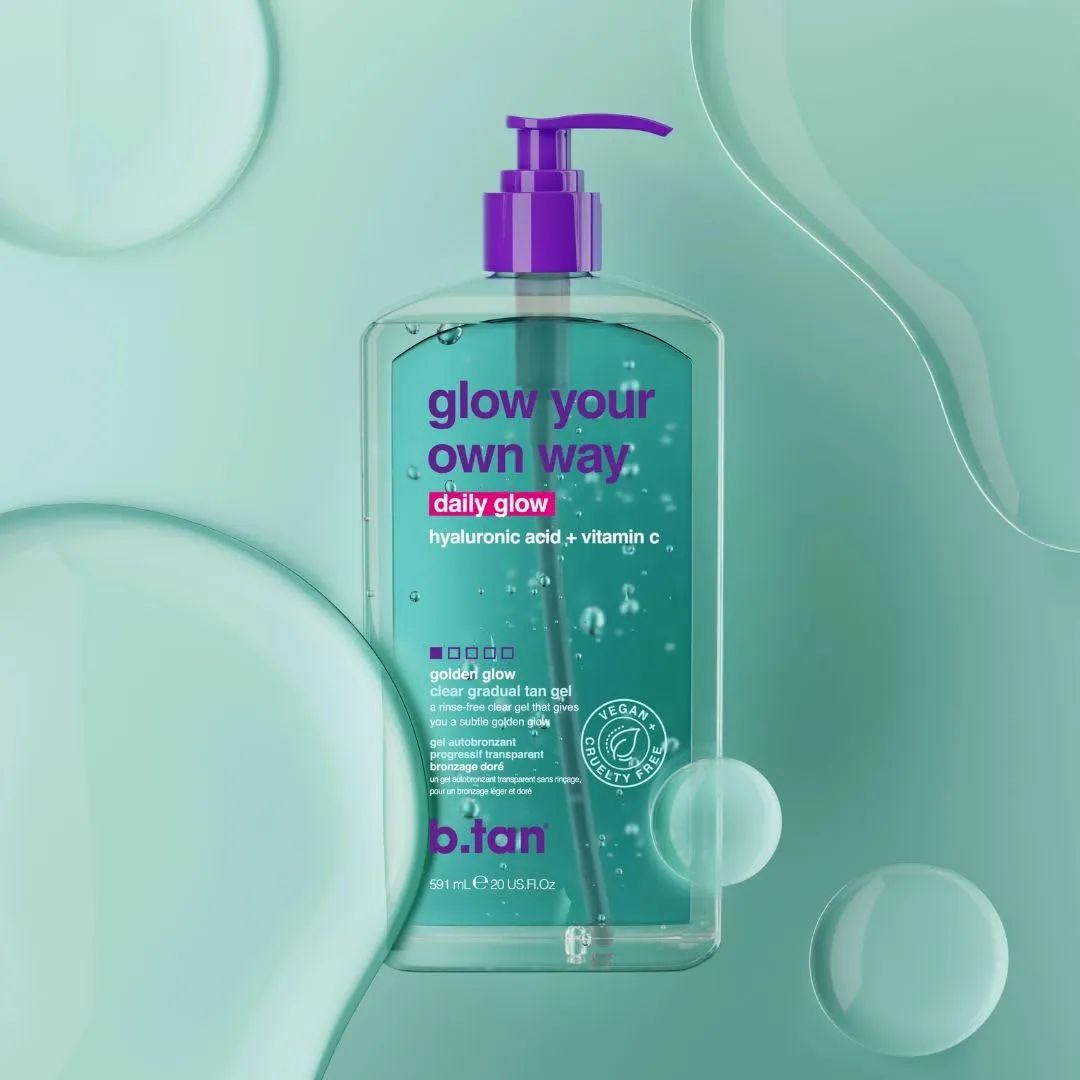 b.tan Clear Gradual Self Tanner Gel | Glow Your Own Way, Daily Use - Best Everyday Dark Sunless Tanning Moisturizer, Transfer Free, Bronze Extender, No Fake Tan Smell, 20 Fl Oz