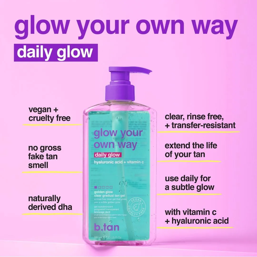 b.tan Clear Gradual Self Tanner Gel | Glow Your Own Way, Daily Use - Best Everyday Dark Sunless Tanning Moisturizer, Transfer Free, Bronze Extender, No Fake Tan Smell, 20 Fl Oz