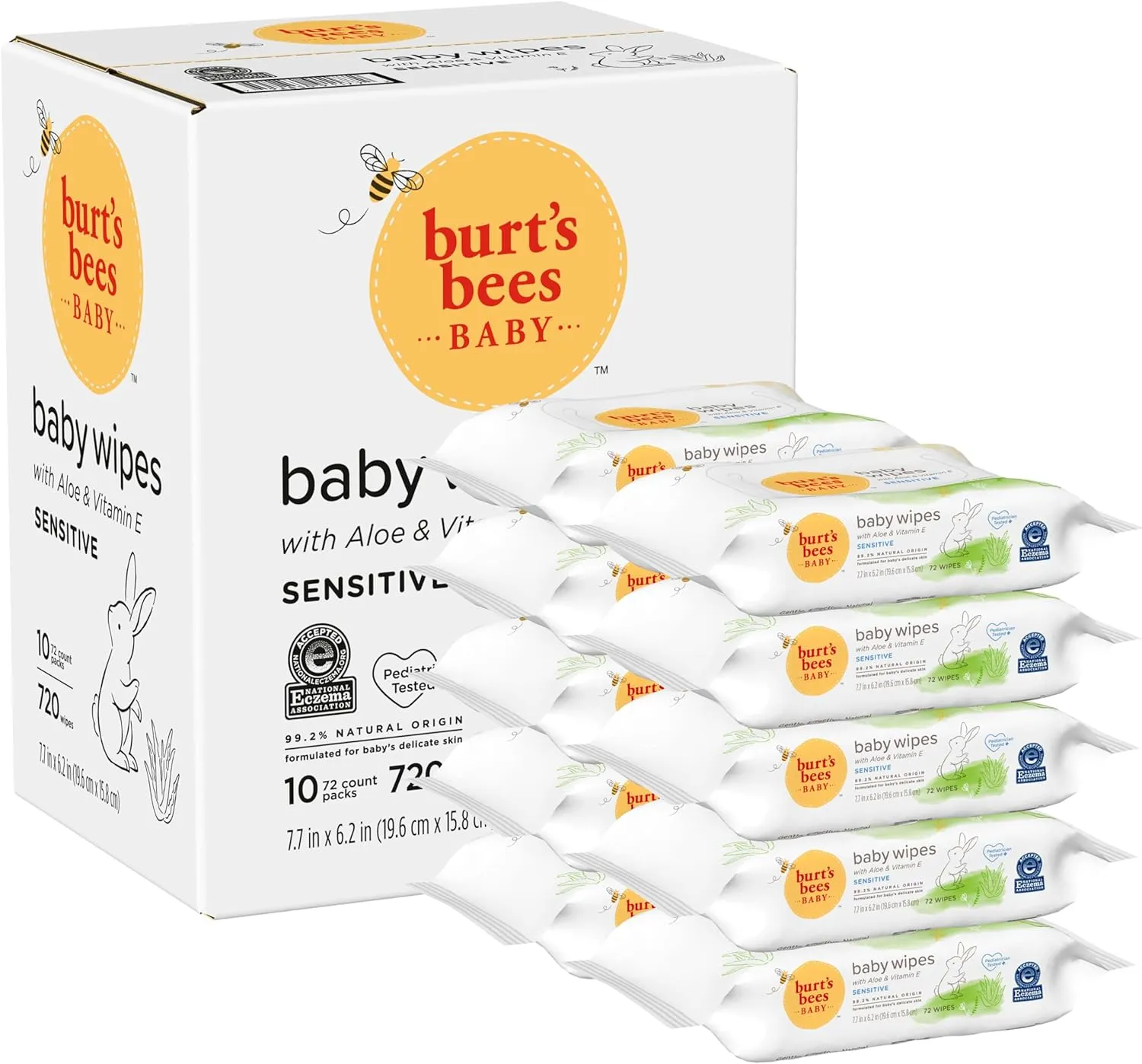 Burt’s Bees Baby Wipes, Unscented Natural for Sensitive Skin with Aloe and Vitamin E - 72 Baby Wipes – 10 Pack
