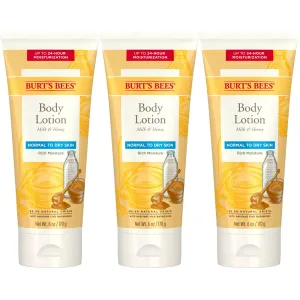 Burt's Bees, Body Lotion with Milk and Honey, Moisturizing Lotion for Normal to Dry Skin, 98.6% Natural Origin Skin Care, 6 oz Bottle (3-Pack)