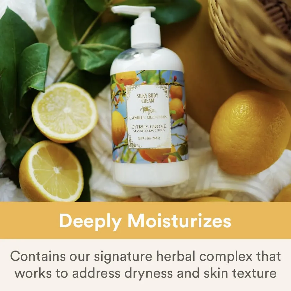 Camille Beckman Citrus Grove Scented Silky Body Cream, Daily Moisturizer for All Skin Types, Non-Greasy Vegan Formula to Nourish and Soften Hands and Body, 13 Ounce