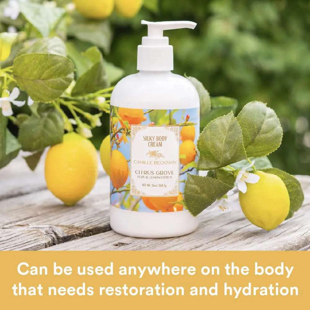 Camille Beckman Citrus Grove Scented Silky Body Cream, Daily Moisturizer for All Skin Types, Non-Greasy Vegan Formula to Nourish and Soften Hands and Body, 13 Ounce