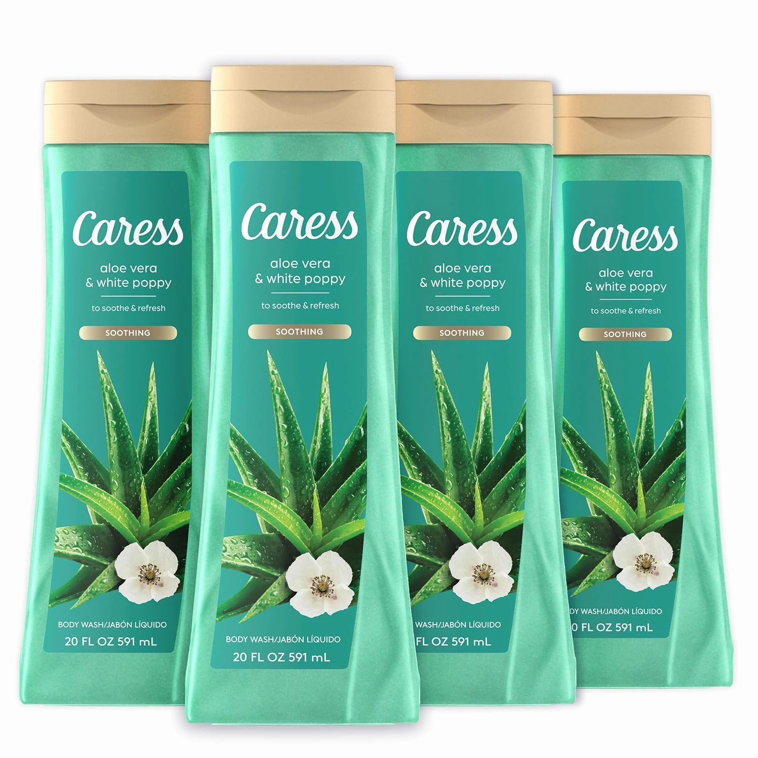 Caress Body Wash for Women, Aloe Vera & White Poppy, Soothing Shower Gel to Soothe and Refresh Skin, 20 fl oz, 4 Pack