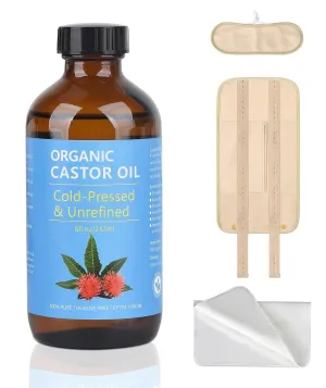 Castor Oil Organic Cold Pressed Unrefined, Amber Glass Bottle with Castor Oil Pack Wrap and Cotton Flannel Cloth for Body, 8oz/237ml