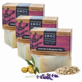 Certified Organic Lavender Soap Bars with Oatmeal & Bergamot Mint — 3-Pack Gift Set for Face & Body — Gentle Exfoliating, Moisturizing, All Natural — Extra Virgin Olive Oil & Oatmeal Soaps (3)