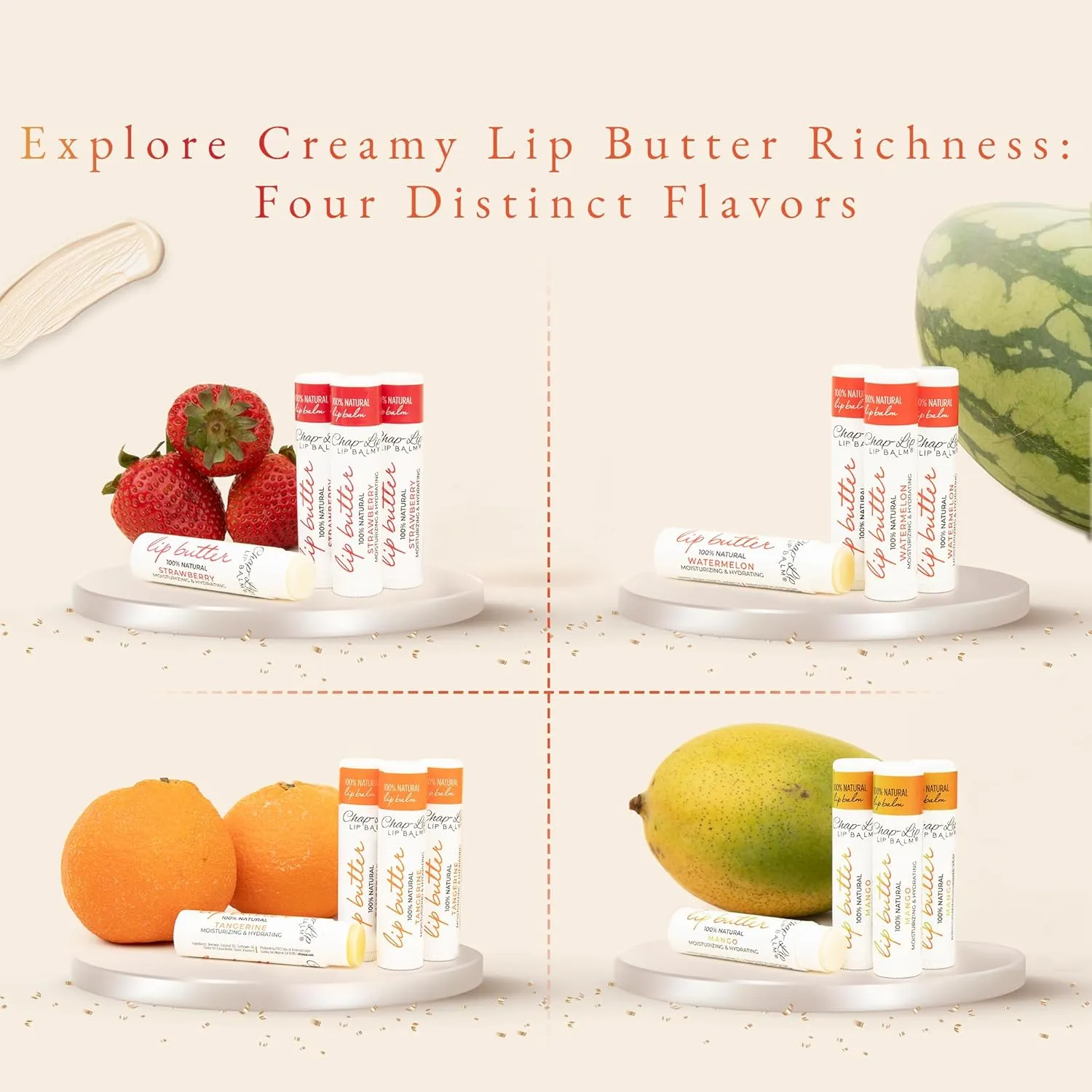 CHAP-LIP 100% All Natural Lip Balm Hydrating Bulk Chap Stick with Fruit Flavors, Coconut Oil, Cocoa Butter - Christmas Gift Stocking Stuffers Lip Therapy Pack for Men and Women - Made in USA, 60 Pack
