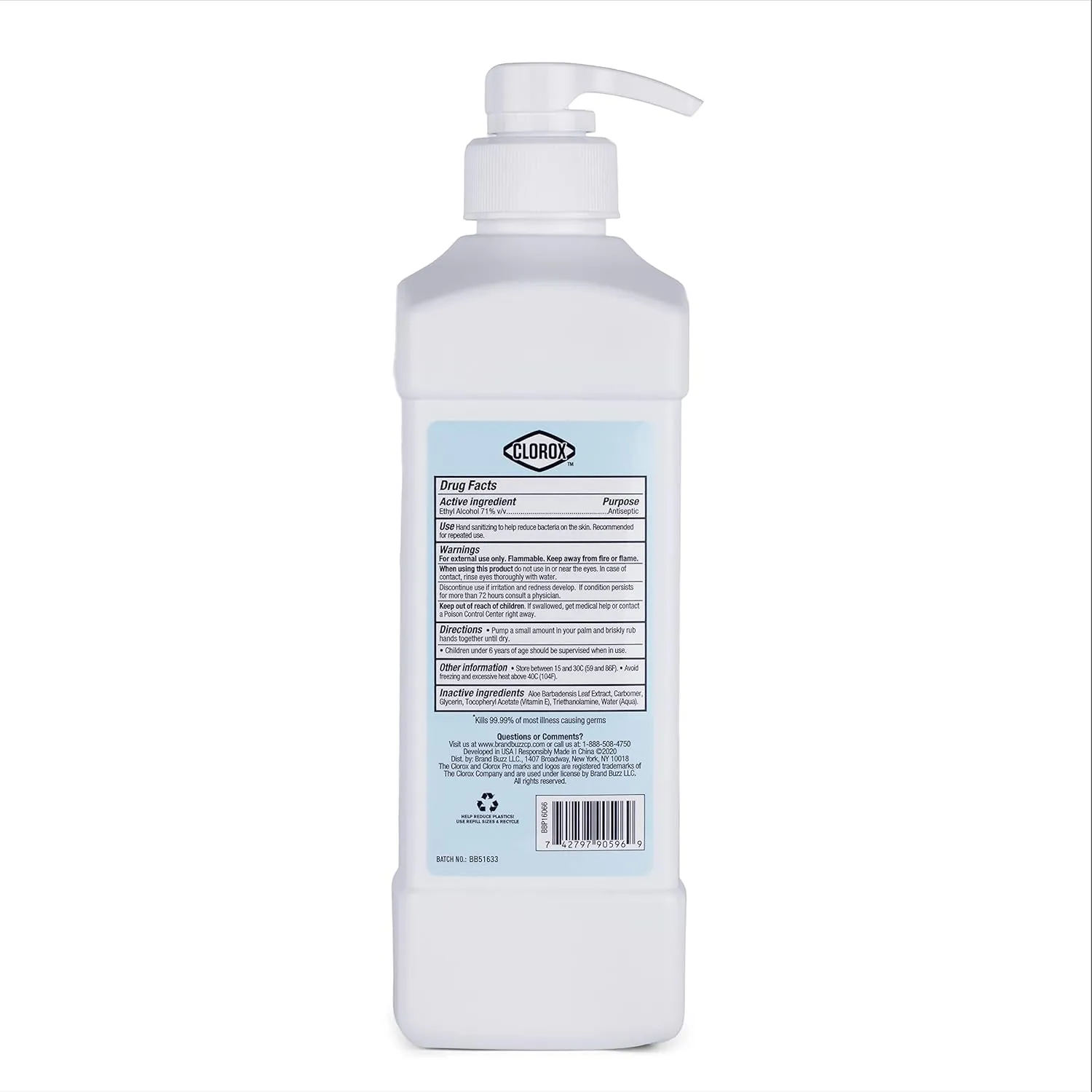 Clorox Pro Hand Sanitizer Gel with Pump, Bleach-Free Gel, Aloe & Vitamin E Kills More Than 99.999% of Germs on Contact, 33.80 Fl Oz - Easy To Use Hand Sanitizing Gel