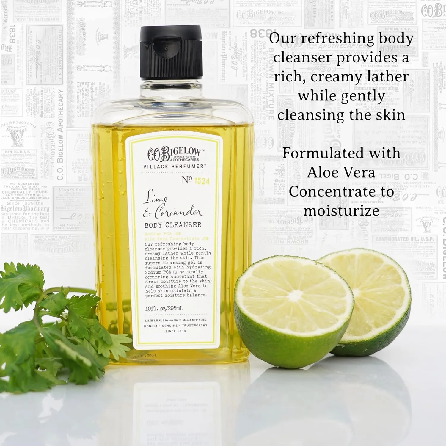 C.O. Bigelow Lime Coriander Body Cleanser, Village Perfumer Moisturizing Body Wash for Men & Women with Aloe Vera, Sodium PCA, and Glycerin, 10 fl oz